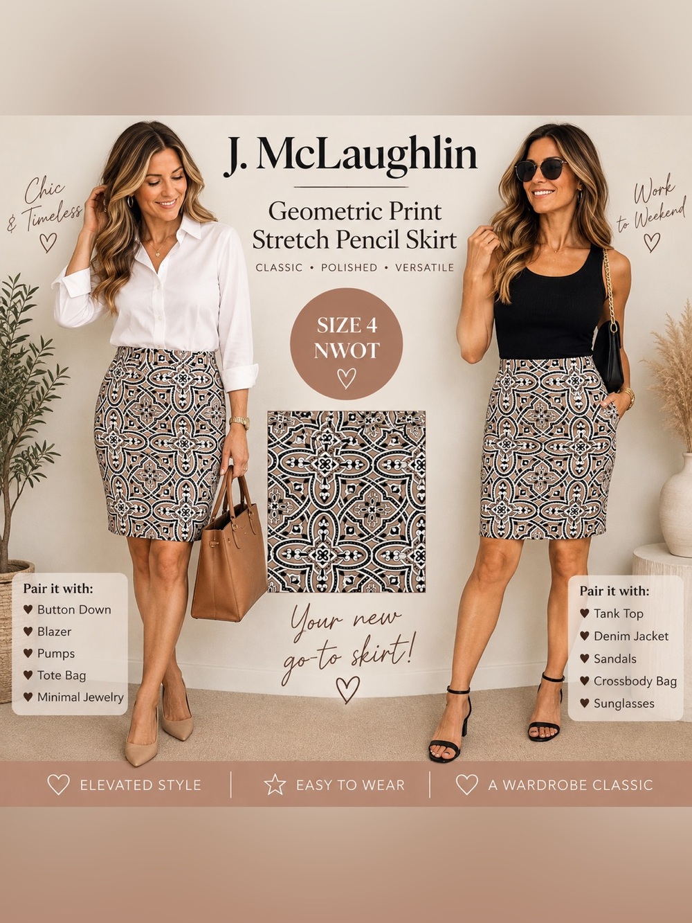 J. McLaughlin Geometric Print Stretch Pencil Skirt |‎ Size 4|NWOT